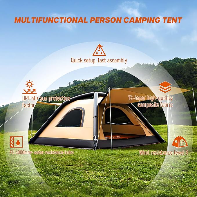 Automatic Large Tent for Camping 4 Person, Waterproof Tents for Camping, Windproof Inflatable Tents with Mosquito Screen Window, Camping Tent for Traveling, Beach