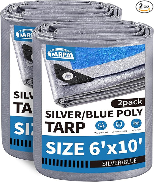 TARPAL Tarp 6x10 Feet (2 Pack) Tarp Waterproof Small tarp 7.5mil Waterproof tarps for Outdoors,UV Protection,Rip and Tear Proof,Poly Tarpaulin(Silver/Blue)