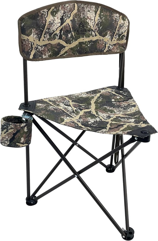 Black Sierra XL Tripod Hunting Stool w/Backrest, Lightweight Portable Fishing Chair w/Cupholder and Carry Strap, Supports 225 Lbs, Portable Outdoor Chair for Hunting, Camping, Travel, Hiking