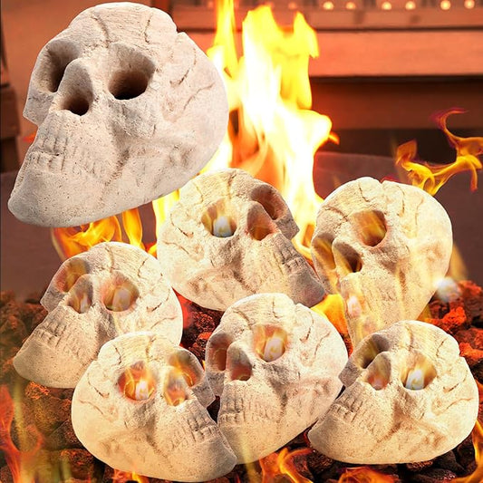 6 Pack Fire Pit Skulls 8.7 Inch Halloween Imitated Human Ceramic Firepit Head Fireproof Skulls Bonfire Accessories Fake Logs Halloween Decor for Gas Campfire Fireplace Wood Fires (White)
