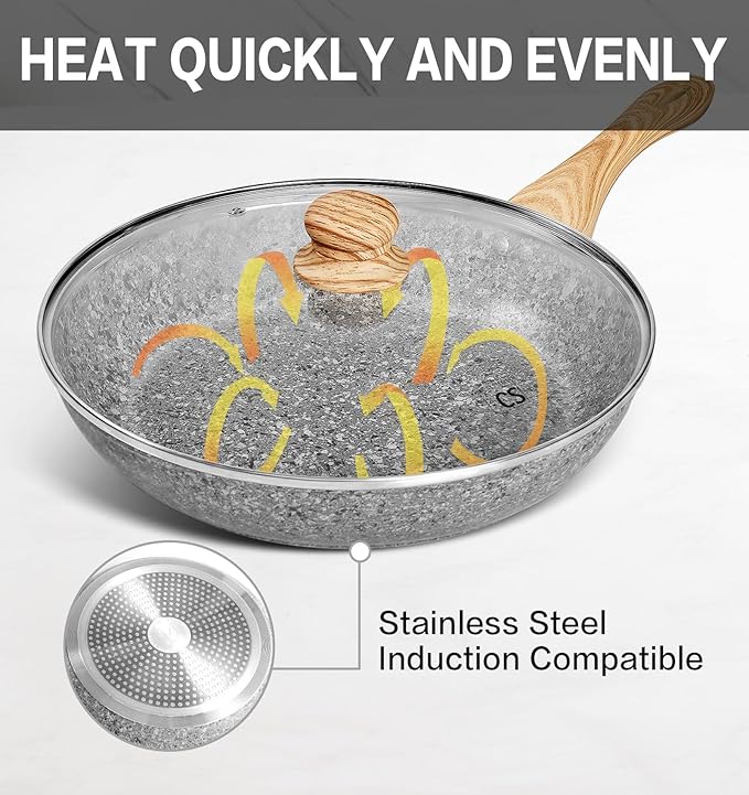 KOCH SYSTEME CS Nonstick Frying Pan with Lid, 12 Inch Grey Granite Frying Pan with Non-toxic Nonstick Coating, Aluminum Skillet with Heat-resistant Bakelite Handle, Induction Compatible, Oven Safe