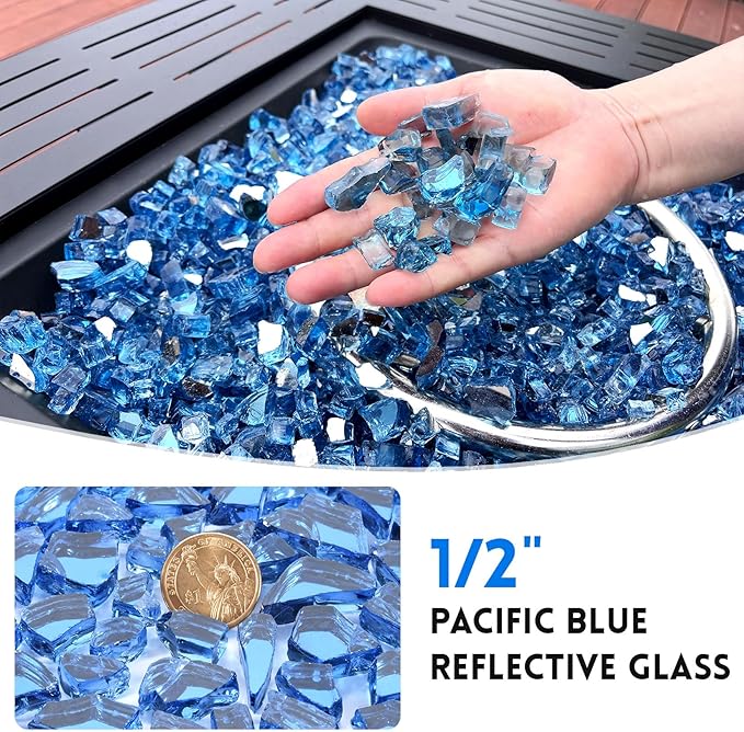 10 Pounds Fire Glass 1/2 Inch High Reflective Tempered Firepit Glass Rocks for Fireplace, Fire Pit Table, Fire Bowl and Landscaping (Pacific Blue)