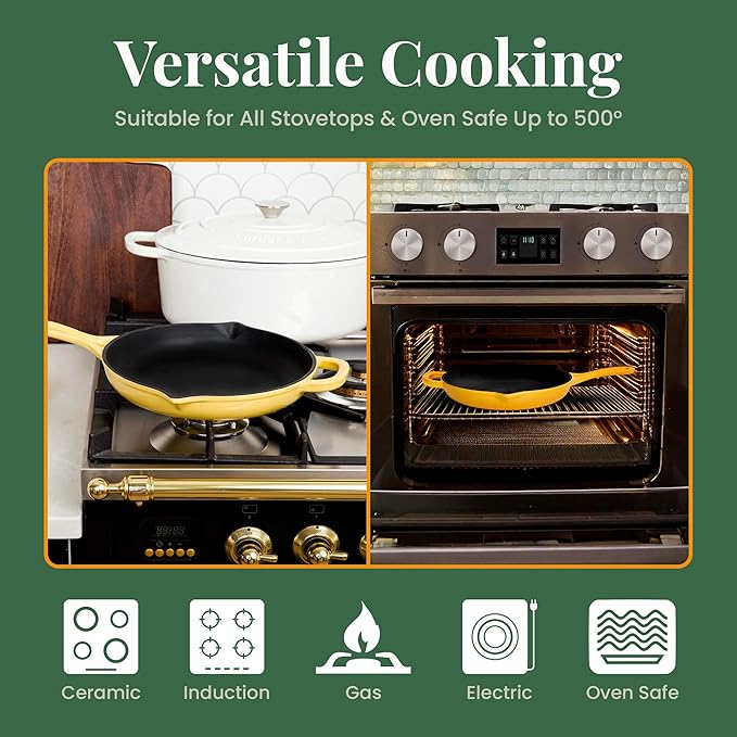 Larder & Vine Enameled Cast Iron Skillet | 10.25 in Cast Iron Pan | Saute Pan with Pour Spouts | Enamel Coated Skillet | Compatible on All Cooktops & Oven Safe to 500F | Limoncello