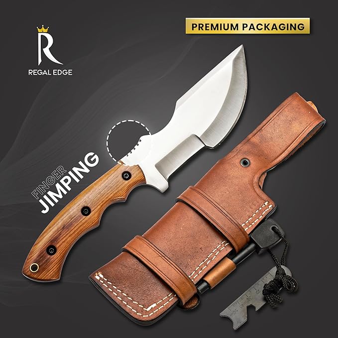 Fixed Blade Knife 10” Hunting Knife With Fire Starter And Leather Sheath - Olive Wood Handle Survival Knives for Camping, Hiking, and Outdoor Use By Regal Edge