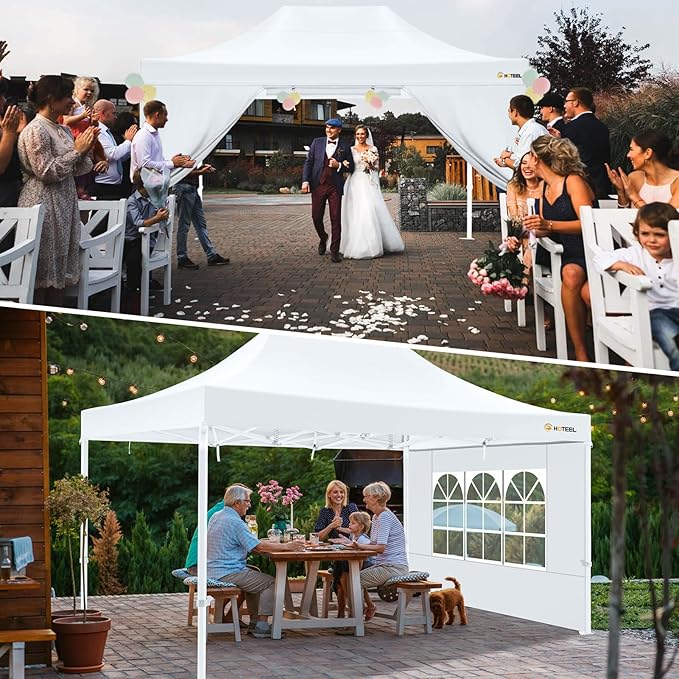 HOTEEL Canopy Tent 10x15 Heavy Duty Pop Up Canopy with Sidewalls, Party Tent with Roller Bag for Event Wedding, Upgraded Commercial Waterproof Instant Canopy, Thick Hexagonal Legs, UPF50+, White