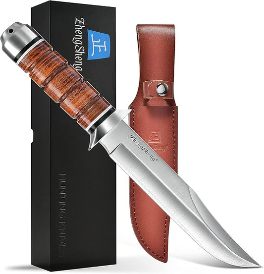 6.4" Fixed Blade Hunting Knife- Genuine Leather Handle Bowie Knives with Sheath Straight Edge for Camping, Hiking, Survival