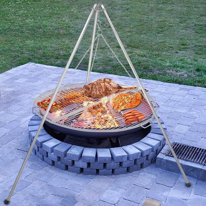 Lineslife Fire Pit Grill Cooking Grate Portable, Stainless Steel Folding Round Firepit Grill Rack with Handles, Outdoor Campfire BBQ Grill for Camping Picnic Gathering, Silver 31.5“