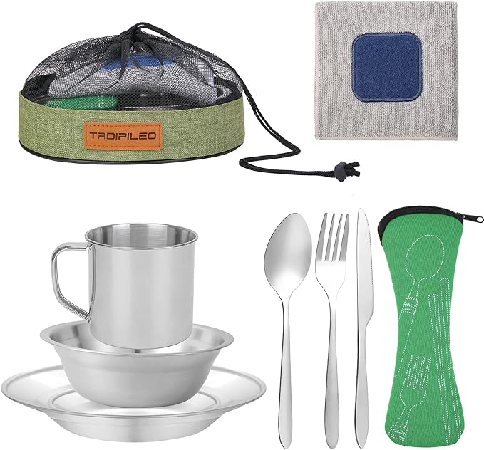 Stainless Steel Camping Cutlery Set - 8 Piece, Includes Spoons, Mugs, Bowls, Plates, Rags & Organizer Straps - Easy to Carry for Backpacking, Camping, Hiking and Picnics