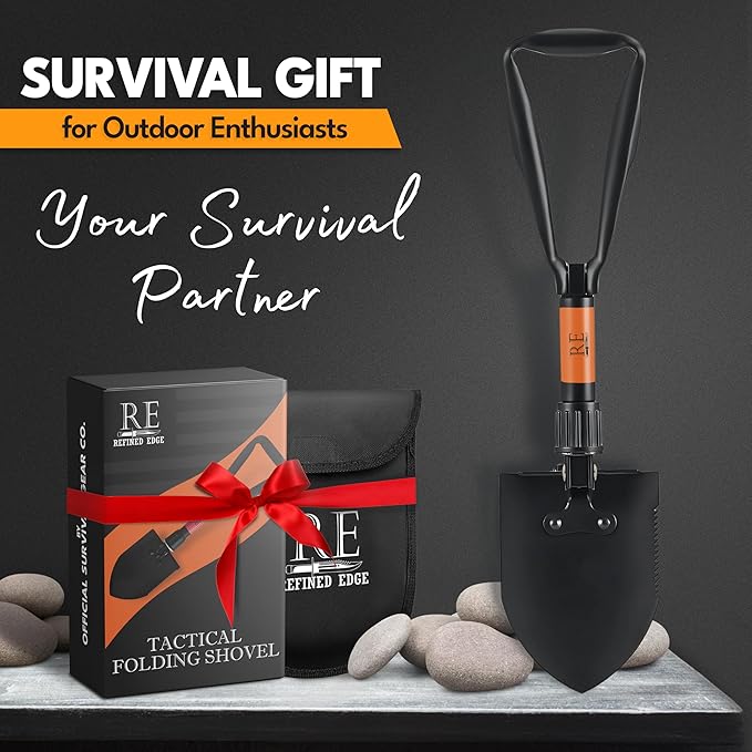 Folding Shovel, 18" Survival Shovel, Backpack Hiking Shovel, Military Grade Carbon Steel with Saw Edge, Collapsible with Carry Case
