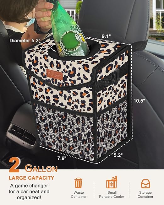Car Trash Can with Lid, Cute Leakproof Car Trash Garbage Bag Hanging Vehicle Trash Bin Small Portable Automotive Garbage Cans Organizer for Back/Front Seat(Trapezoid,Leopard