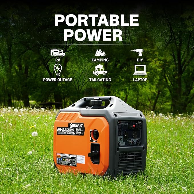 NOVUS 2300-Watt Portable Inverter Generator with CO Sensor, Gas Powered, RV Ready, Quiet and Lightweight for Home Backup, Outdoor Camping, Parallel Capable, EPA Compliant