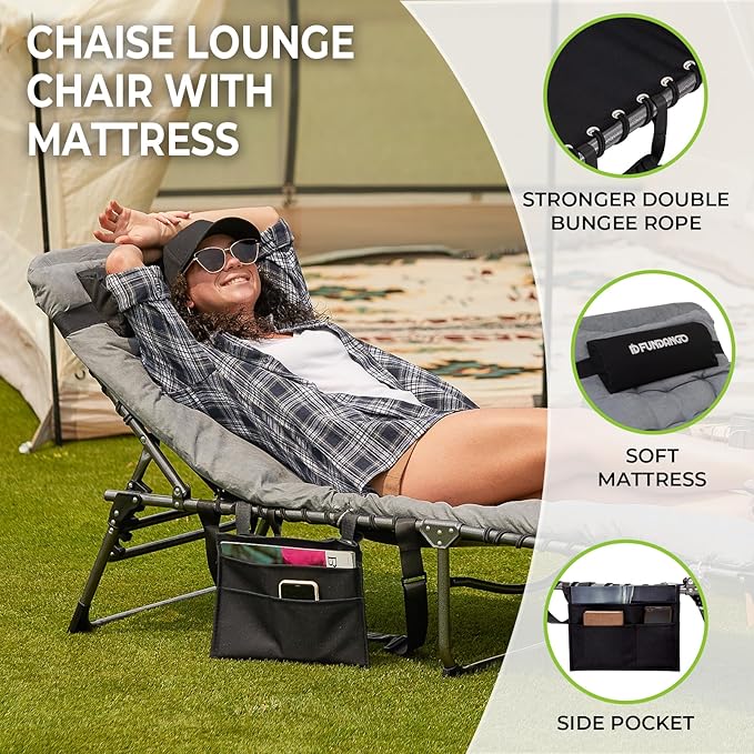FUNDANGO Folding Chaise Lounge Chair with Soft Pad & Side Table for Outside, Patio, Beach, Sunbathing, Adjustable 5 Position Portable Camping Reclining Chair with Pillow