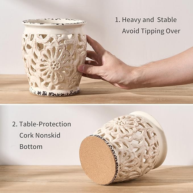 Farmhouse Kitchen Utensil Holder for Kitchen Counter, Ceramic Large Cooking Utensil Crock with Cork Mat, Decorative Rustic Utensil Organizer for Countertop, Spatula, Antique Beige