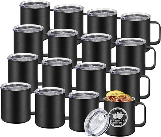 16 Pack Stainless Steel Insulated Coffee Mug Bulk with Handle & Lids, Powder Coated 12oz Vacuum Insulated Double Wall Mug for Laser Engrave, Black