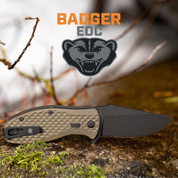 Off-Grid Knives - Badger EDC Folding Knife with Sandvik 14C28N Blade, Ball Bearing Pivot, G10 Scales, Grid-Lock, Ambidextrous Deep Carry Clip (Coyote)