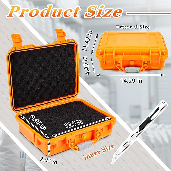 11.3 x 8.7 x 4.2 Inch Waterproof Hard Case with DIY Customizable Foam Insert Portable Protective Case with Knife for Camera Drones Equipments Tools Test Instruments (Orange)