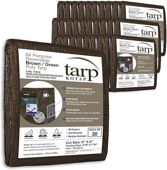 Kotap 6 x 8 Ft. All-Purpose Multi-Use Protection/Coverage 5-mil Poly Tarp, Reversible, Waterproof, Brown/Green, 30-Pack (TBG-0608-30)