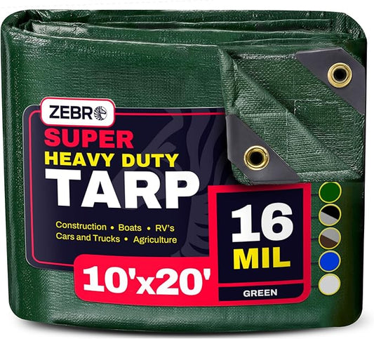 10' x 20' Green Heavy Duty Tarp with Grommets Reinforced - 16 Mil Thick - Double Sided Plastic Tarps Waterproof - Large Tarpaulin Cover for Outdoor Camping Over/Under Tent Tarp RV Roof Rain - Zebro