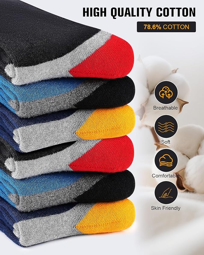 6 Pairs Men's Cotton Crew Work Boot Socks, Moisture Cushioned Athletic Sports Socks for Hiking Running Workout