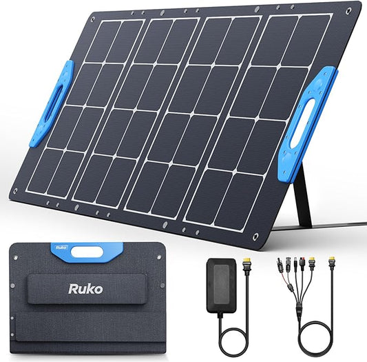 Ruko RK100 100W Portable and Foldable Solar Panel, IP67 Waterproof Power Backup, Solar Panel Charger for Power Station with Charging Expansion Box, Adjustable Kickstand for Camping/RVs