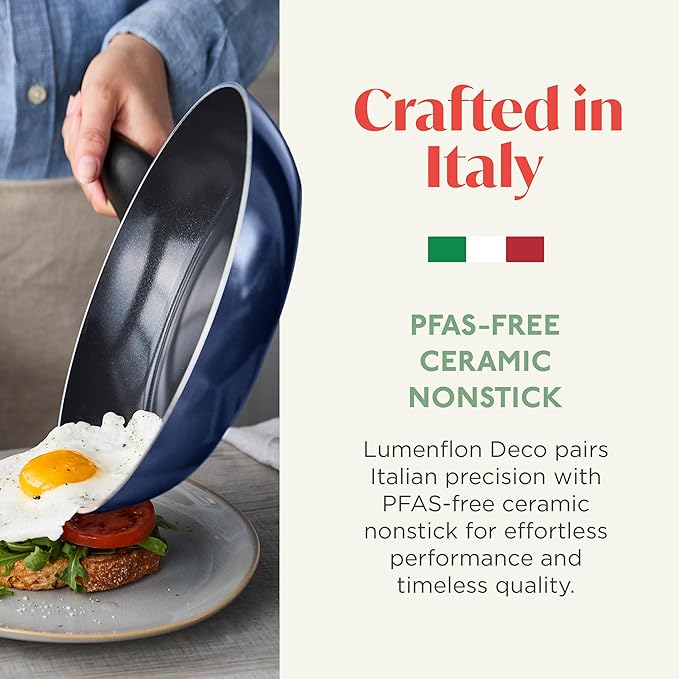 Deco 8” Nonstick Frying Pan Skillet, Made in Italy, Diamond Ceramic PFAS-Free, Dishwasher & Metal Utensil Safe, Durable Gloss Enamel Finish, Stay-Cool Handle, High Walls-Extra Room, Blue