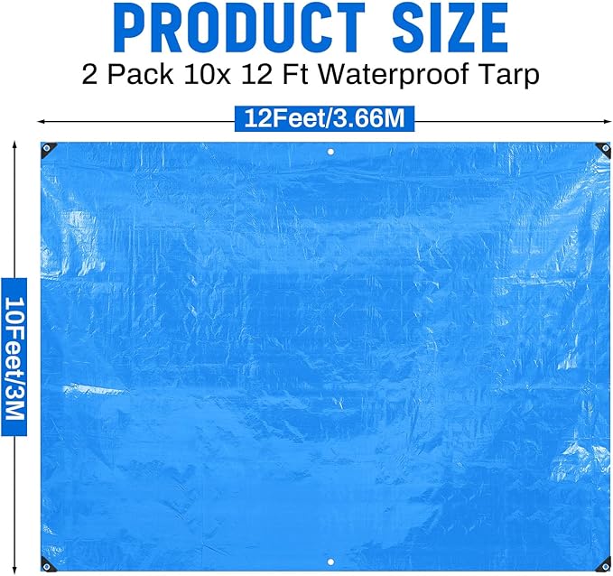 2 Pack 10 x 12 ft 5.5 Mil Large Tarps Heavy Duty Waterproof Tarp Multi Purpose Tent Cover for Home Boats Cars Camping Patio Furniture Roof Emergency Rain Protective Cover, Blue