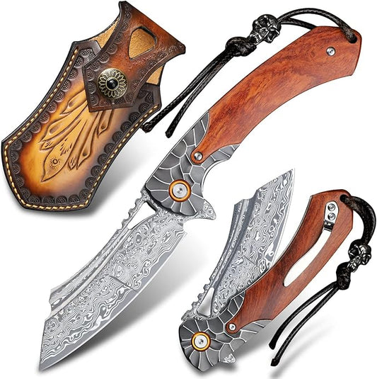 men's pocket knife Damascus Steel Handmade Folding Knife，3.5 in blade rosewood handle，with leather case ，Liner Lock Steel ball bearings，pocket clip ，EDC Camping Outdoor Survival Knife