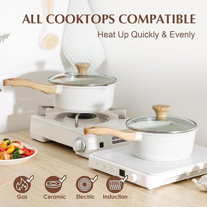 SENSARTE White Ceramic Nonstick Saucepan with Lid Set, Small Cooking Pot with Stay Cool Handle, Induction Compatible Saucepot, White Granite Coating, PFOA/PFAS Free, 2.0 + 2.5QT