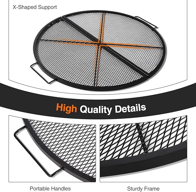 Lineslife X-Marks Fire Pit Cooking Grill Grates Portable, Heavy Duty Foldable Round Campfire Grill Grate, Firepit Grill Grate with Handles, Ideal for Outdoor BBQ Picnics, 36 Inch Black