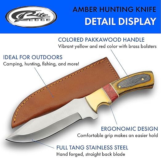 SZCO Full Tang Upsweep Hunting Knife 9.5 Inch - Pocket Knife with Stainless Steel Blade, Red Amber Wooden/Brass Handle & Leather Sheath - Camping Knife for hunting - Skinning knife for Men
