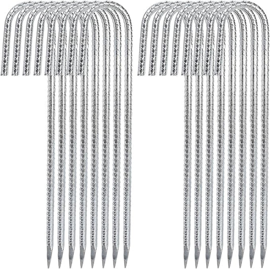 Hacaroa 16 Pack 12 Inch Rebar Stakes, J Hook Tent Stake Ground Anchors Heavy Duty, Galvanized Metal Garden Stakes Chain Link Fence Stakes for Trampoline, Canopy, Yard, Inflatables, Sharp Point End