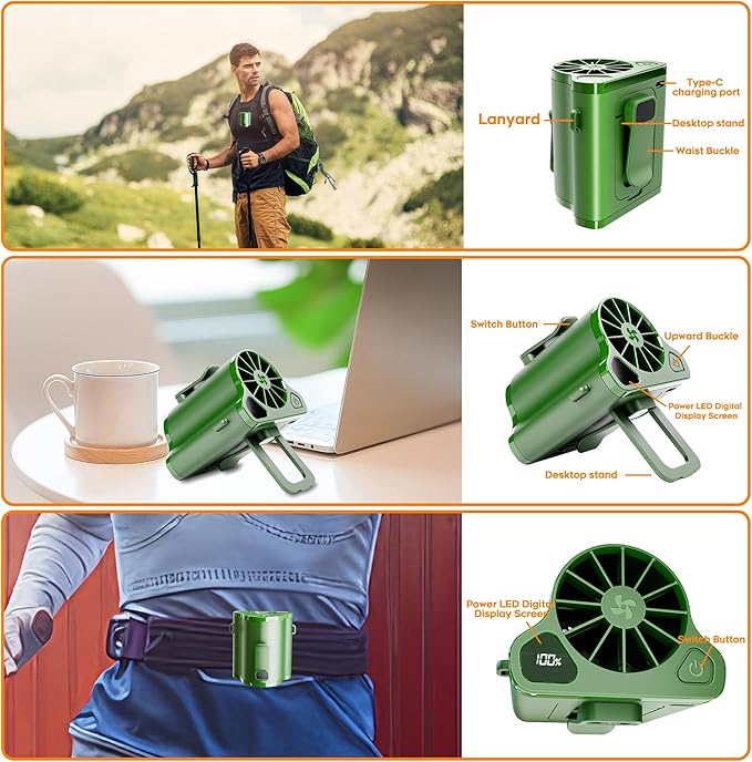 Portable Waist Fan Clip on Wearable Belt Personal Fans, Mini Personal Fans,5 Speeds 12000RPM, 12H Cooling Shirt Fan with Neck Fans Hanging Hands-Free for Outdoor Camping Travel Jobsite