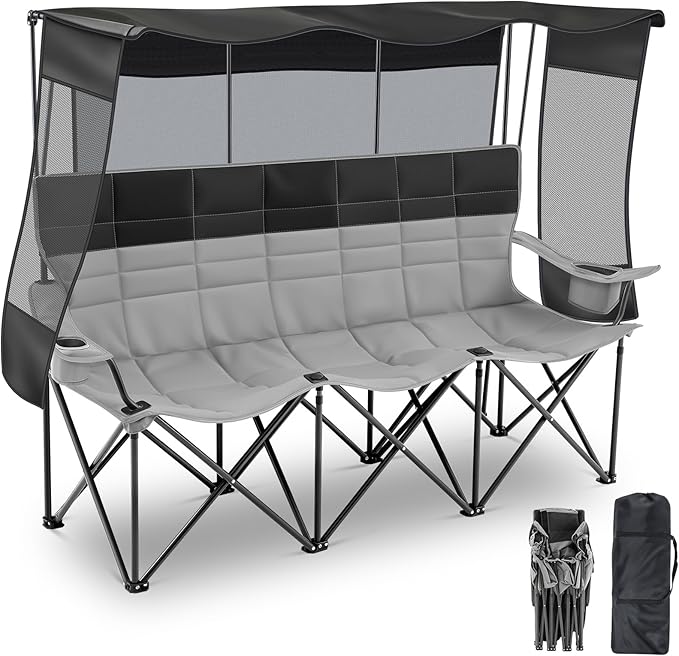 3 Person Camping Chair with Canopy Shade Fully Padded Folding Outdoor Oversized Camping Sofa for 2-3 Person, Heavy Duty Couch with Cup Holder and Carry Bag for Lawn Camp Fall Outdoor Activities
