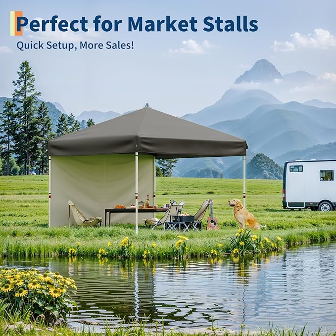 10x10 Pop Up Canopy Tent Outdoor Canopy with 1 Removable Sidewall One-Person Set Up Heavy Duty Commercial Instant Tent Shelter-Gray