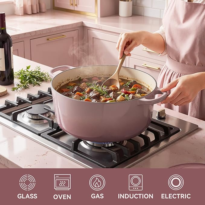 Vintage Style 4.5 Quart Dutch Oven Pot with Lid, Non Stick Enameled Cast Iron Dutch Oven for Bread Baking, Heavy-Duty, Oven Safe Ceramic Cookware Up to 500°F for Baking, Braising, Stews, Roasting, Pink
