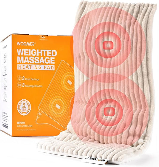 WOOMER Weighted Massage Electric Heating Pad for Back Pain, Neck and Shoulders Cramps Relief, 12’’x24’’, 3.7lb BPA-Free and Non-Toxic Beads, 4 Heat Settings, 4 Massage Modes, 2h Auto-Off