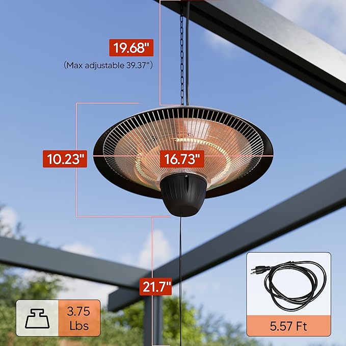 Patio Heater for Outdoor Use 1500W Electric Infrared Hanging Heater, Ceiling Mounted, Waterproof for Porch, Garage, Balcony, Overheat Protection Deep Black