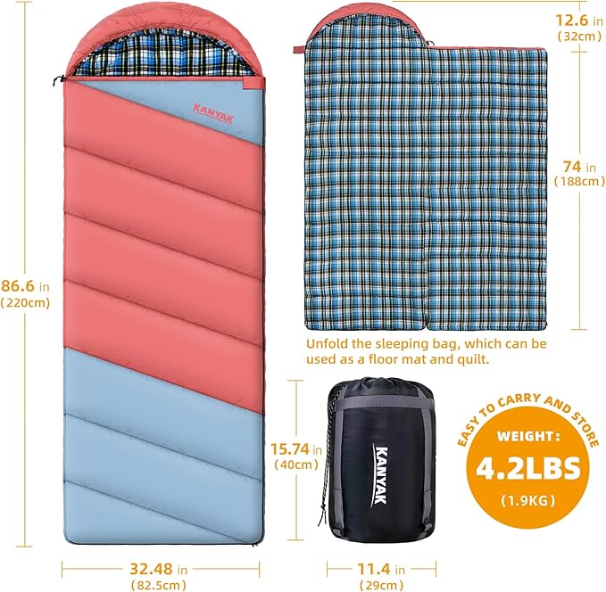 Cotton Flannel Liner Sleeping Bag for Adults Teens Kids, Cold Weather & Warm, 3-4 Seasons, Lightweight Compact Camping Essentials Equipment, Hiking, Outdoor, Travel