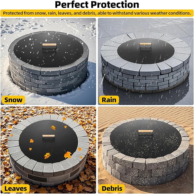 G GOOD GAIN Firepit Lid Round 28 Inch - Rust Resistant Fire Pit Lid Cover with Wooden Handle & Gloves, Fire Pit Snuffer Lid for Courtyards, Patio, Winter Cold Protection.