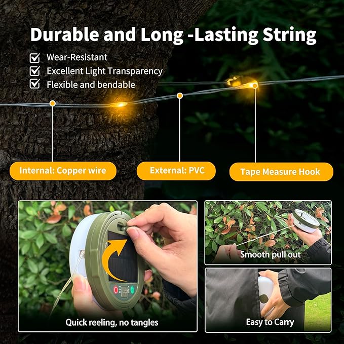 Solar Camping String Lights, 33FT 100LED Quick Storage Rechargeable Tent Lights with 9 Lighting Modes, Portable Camping Fairy Lights Waterproof for Outdoor Patio Garden Party Decorations