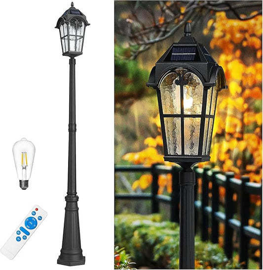 Emliviar 85.4" Black Solar Powered Street Light Fixture for Pathway with Remote Control, Dusk to Dawn Waterproof Pole Lamp with LED Bulb, Post Lighting with Water Grain Glass Shade, YXE302MPL-SL BK