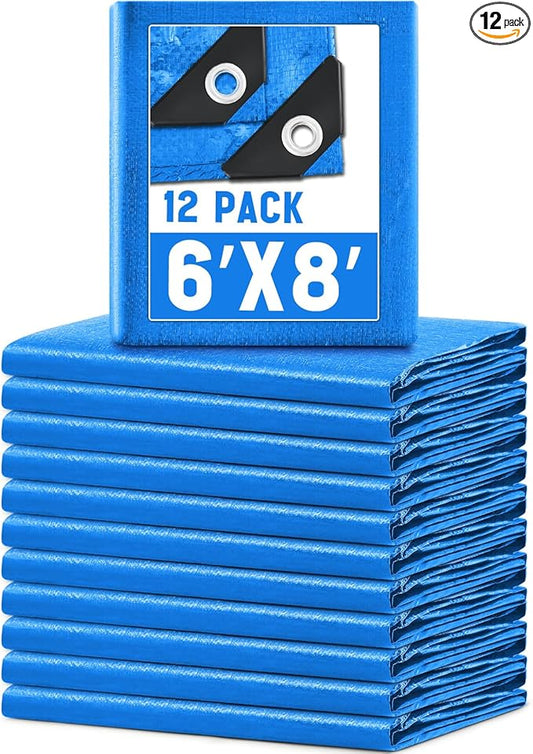 12 Pack 6 x 8 ft 5.5 Mil Large Tarps Heavy Duty Waterproof Tarp Multi Purpose Tent Cover for Home Boats Cars Camping Patio Furniture Roof Emergency Rain Protective Cover, Blue