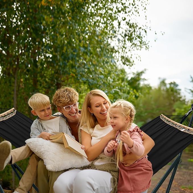Tranquillo Universal Hammock with Stands Electro Static Coated Steel, Adjustable Foldable Hammock Stand with 2 Layered Polyester Net and Carry Bag for 2 Persons (Canvas - Black)