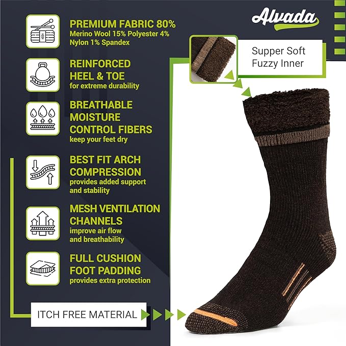 Alvada Merino Wool Hiking Socks Thermal Warm Crew Winter Boot Sock For Men & Women 3 Pairs