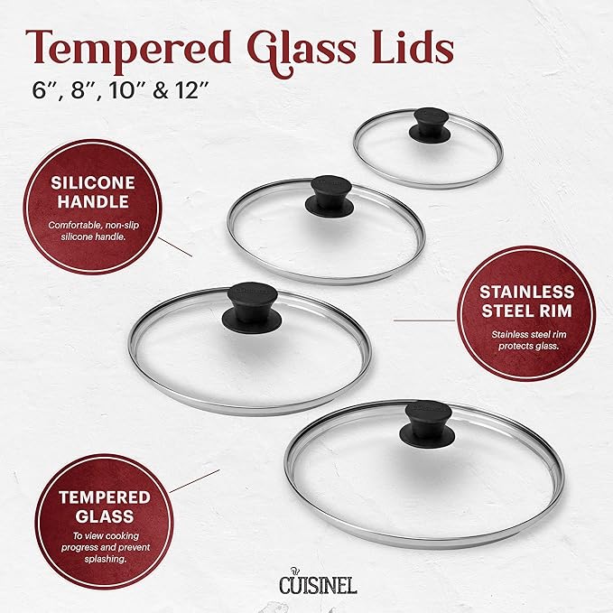Cuisinel Cast Iron Skillets Set - 6"+8"+10+12"-Inch + Glass Lids + Silicone Handle Holder Cover Grips - Pre-Seasoned Frying Pan - Oven Cookware - Use Indoor/Outdoor, Grill, Stovetop, Fire