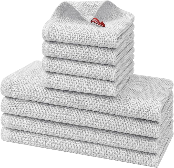 Kitinjoy 100% Cotton Kitchen Towels and Dishcloths Set, 8 Pack-13" x 28" and 12" x 12" Waffle Weave Dish Towels, Ultra Soft Absorbent Quick Drying Dish Rags, Light Grey