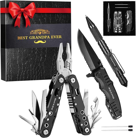 Multitools Gifts Set for Papa with 14-In-1 Multi-Pliers, Pocket Knife, Tactical Pen, Gifts for Grandfather Stocking Stuffers Multi-tools Kit(BEST GRANDPA EVER)
