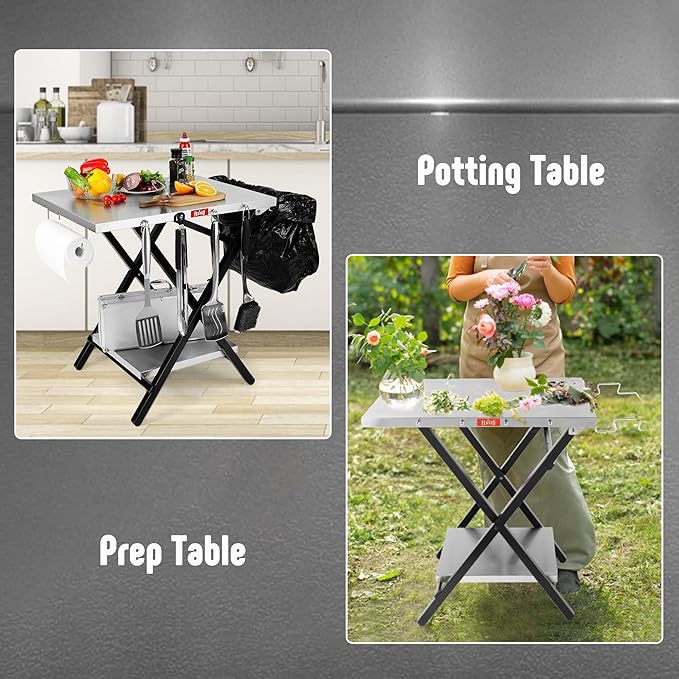Outdoor Grill Table, Foldable Pizza Oven Stand & Griddle Stand with Garage Rack & Tissue Holder, Folding Outdoor Prep Table for Gathering and Party, 30" x 24", Stainless Steel