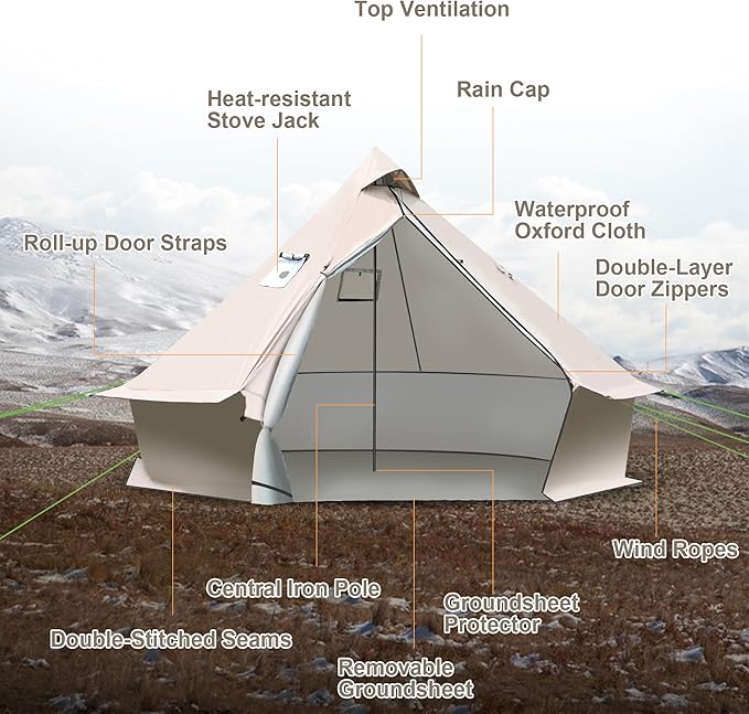 9.8 * 9.8 * 6.6 FT Yurt Tent 2-4 Person Glamping Bell Tent, 4 Seasons for Camping Tents withBreathable Waterproof Design and Stove Jack, for Family Camping Outdoor Hunting Party