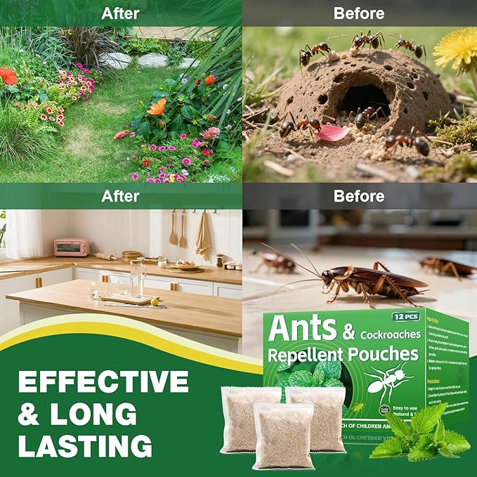 12 Pcs Natural Ant Repellent Pouches - Peppermint Oil Ant Roach Wasp Bee Repellent for Patio Front Porch Yard Garden, Pest Insect Deterrent Repellant Outdoor Indoor